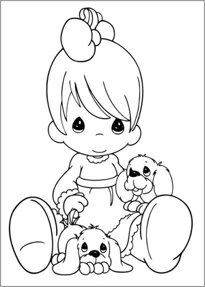 Página para Colorir Menina e Filhote em Precious Moments