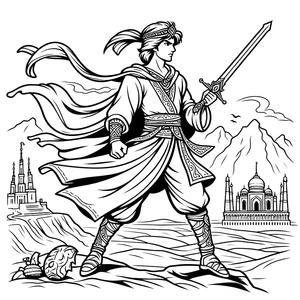 Príncipe segurando espada, página para colorir detalhada príncipe da pérsia, impressão gratuita