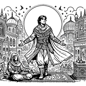 Príncipe em pose majestosa, página para colorir detalhada Príncipe da Pérsia, imprimível grátis