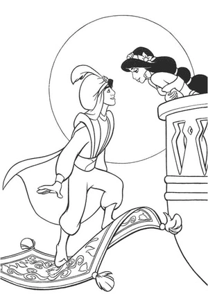 Aladdin e Princesa Jasmine no tapete mágico, página para colorir média da Princesa Jasmine, imprimível grátis