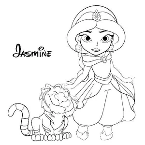Princesa Jasmine chibi com Rajah, página de colorir média de Princesa Jasmine, grátis para imprimir