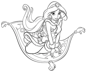 Princesa Jasmine no tapete mágico, página para colorir detalhada da Princesa Jasmine, impressão gratuita