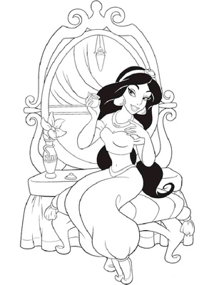 Jasmine no tocador, média página de colorir Princesa Jasmine, grátis para imprimir