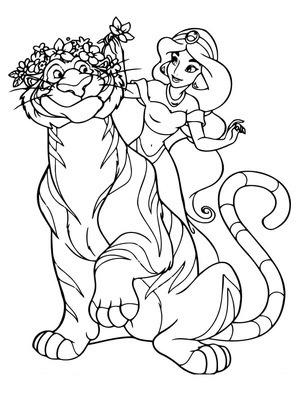 Página para Colorir Princesa Jasmine e seu tigre companheiro, Rajah
