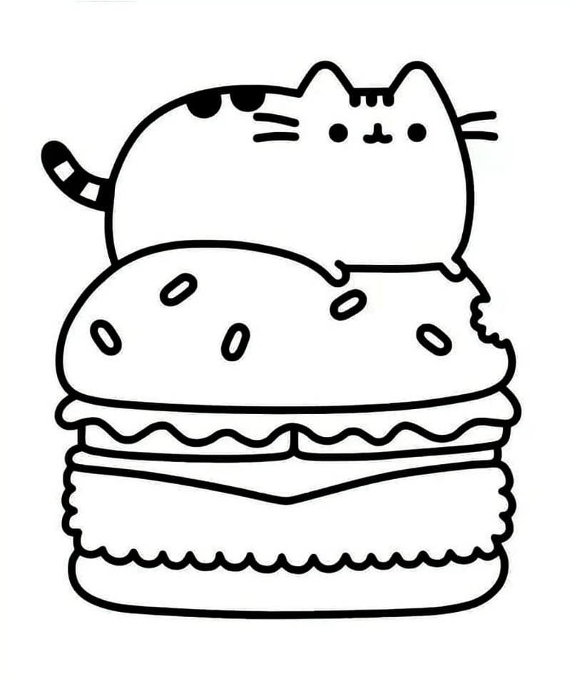 Página para Colorir Pusheen com um Hambúrguer