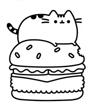 Página para Colorir Pusheen com um Hambúrguer