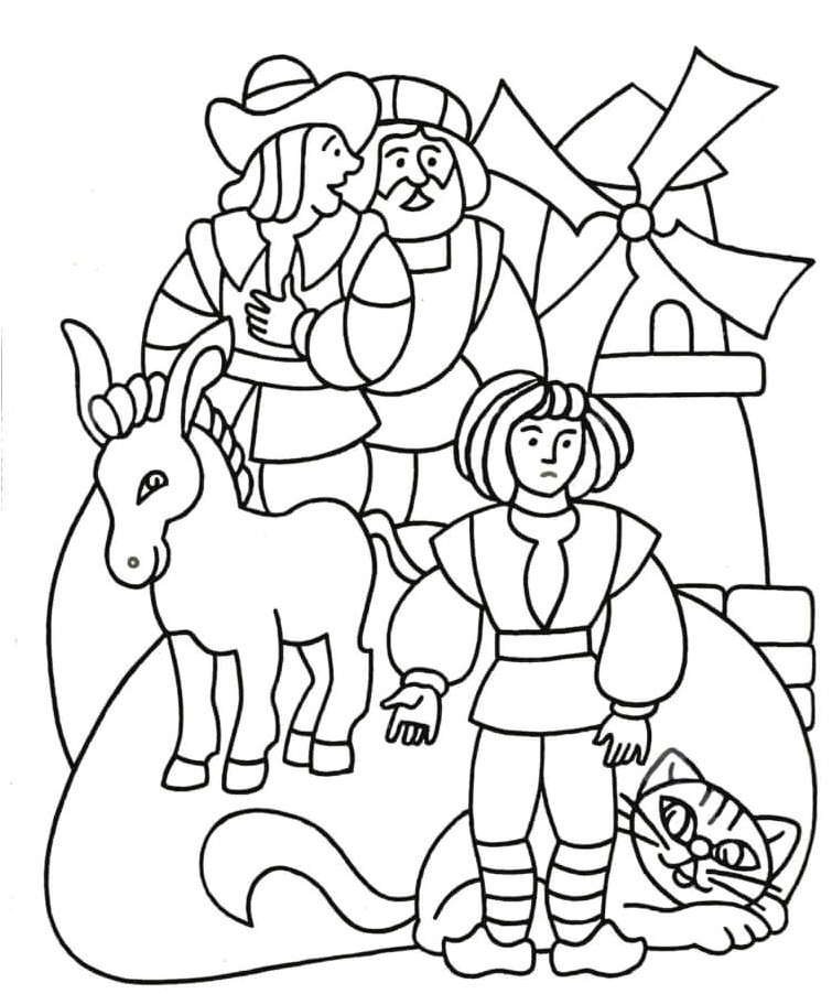 Página para Colorir O Gato e o Burro em Frente ao Moinho