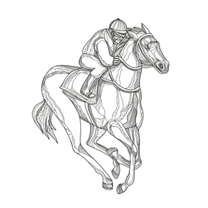 Página para Colorir Arte Rabiscada de um Jóquei Correndo de Cavalo