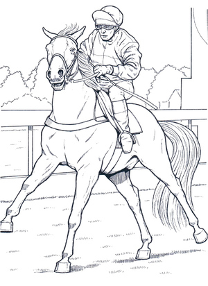 Cavalo de corrida com jóquei