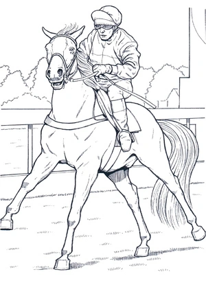 Página para Colorir Cavalo de corrida com jóquei