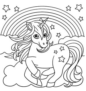 Unicórnio feliz com arco-íris e estrelas, página de colorir detalhada arco-íris, imprimível grátis