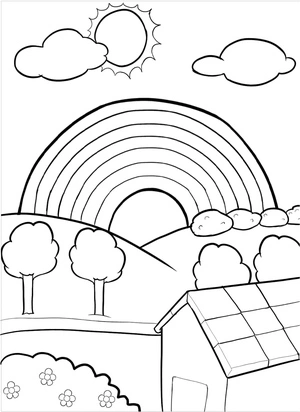 Cenário de aldeia com arco-íris, página de colorir fácil de arco-íris, imprimível grátis