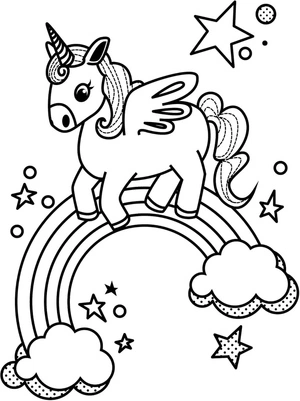 Unicórnio no arco-íris com estrelas, fácil arco-íris coloring page, free printable