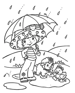 Página para Colorir Um Menino e Seus Animais se Abritam da Chuva