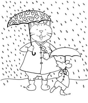 Página para Colorir Um Gato e um Rato Brincando na Chuva
