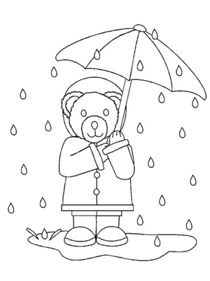 Página para Colorir Um ursinho fofo se abriga da chuva sob um guarda-chuva
