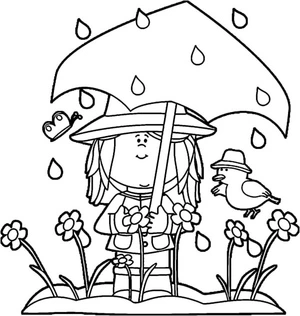 Página para Colorir Uma Garota Gentil Protege uma Borboleta e um Pássaro com Seu Guarda-Chuva