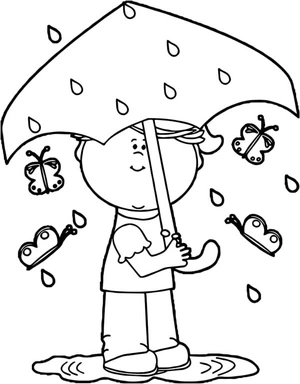 Página para Colorir O menino encontrou borboletas escondidas debaixo do guarda-chuva.