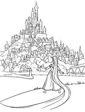 Princesa Rapunzel em frente ao seu castelo