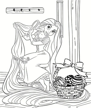 Página para Colorir Rapunzel com sua cesta de Páscoa