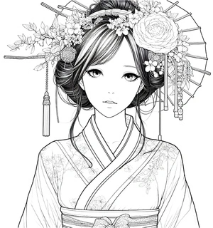 Página para Colorir Garota Japonesa Autêntica