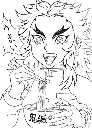 Página para Colorir Kyojuro Rengoku Curtindo Macarrão