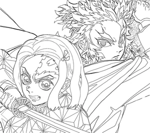 Página para Colorir Nezuko e Kyojuro Rengoku