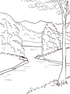 Página para Colorir Paisagem à Beira do Rio