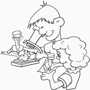 Página para Colorir Crianças Explorando o Mundo Através de um Microscópio