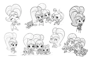 Shimmer e Shine com seus animais de estimação, página para colorir detalhada Shimmer e Shine, grátis para imprimir