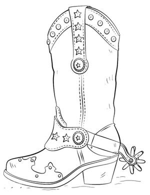 Bota de cowboy com esporas, página para colorir detalhada de calçados, gratuita para impressão