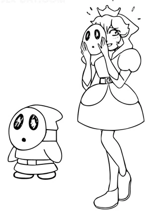 Página para Colorir Mario e Princesa Peach com Shy Guy