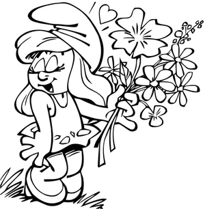 Página para Colorir Smurfette Segurando Flores - Página para Colorir