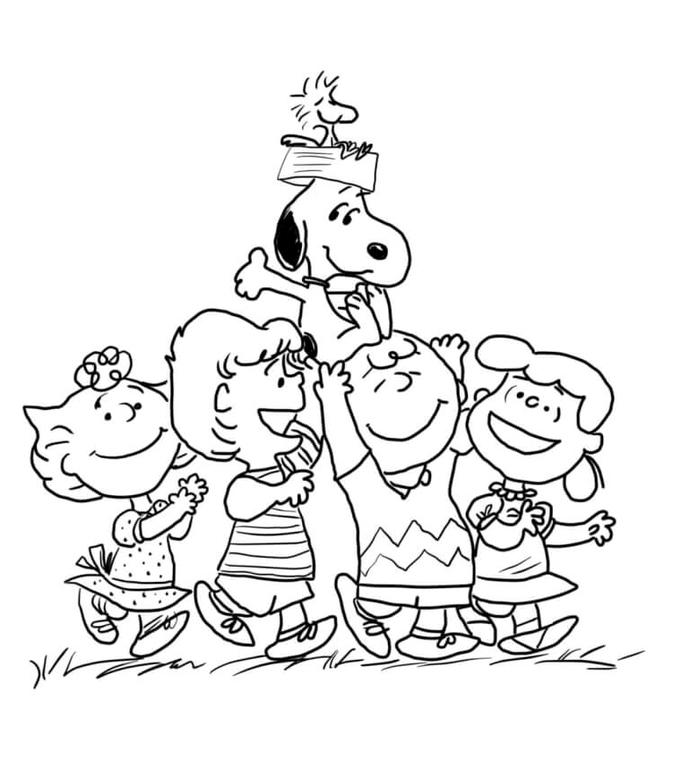 Página para Colorir Snoopy e Amigos Brincando