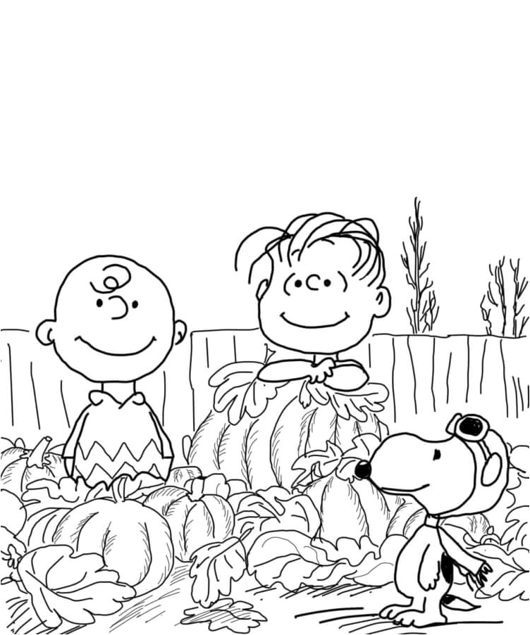 Página para Colorir Snoopy e Amigos Cercados por Abóboras