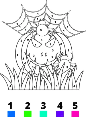 Página para Colorir Colorir por Número: Aranhas de Halloween com Abóbora
