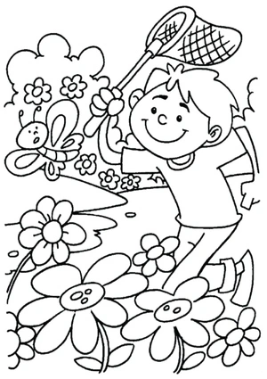 Página para Colorir Uma Criança Segurando uma Borboleta na Primavera