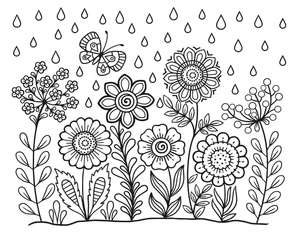 Página para Colorir Jardim de Primavera com Chuva e Flores