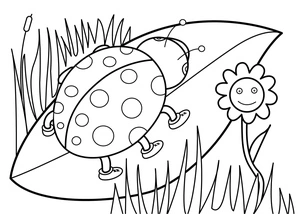 Página para Colorir Cena de Primavera: Joaninha Entre Folhas e Flores