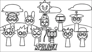 Personagens Sprunki juntos, fácil Sprunki Incredibox coloring page, free printable