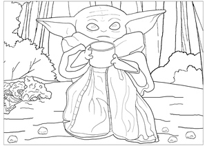 Página para Colorir do Baby Yoda Bebendo Água na Floresta