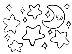 Lua sorridente com estrelas, fácil página para colorir estrela, grátis para imprimir