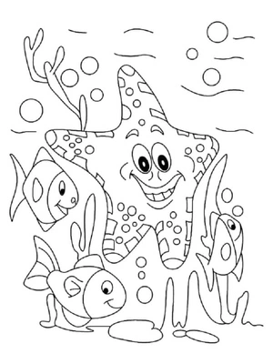 Página para Colorir Peixe de Desenho Animado e Estrela-do-Mar