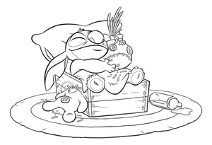 Stitch brincando feliz com brinquedos
