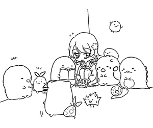 Página para colorir com Sumikko Gurashi e uma Garota Anime