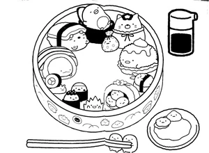 Página para Colorir Página para colorir com personagens Sumikko Gurashi e comida