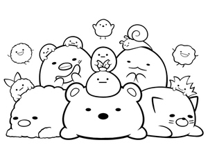 Página para colorir com personagens de Sumikko Gurashi