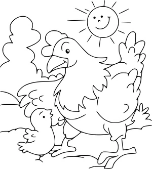 Página para Colorir Galinha e Pintinho ao Sol