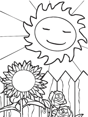 Página para Colorir Girassol e Rosa com Sol