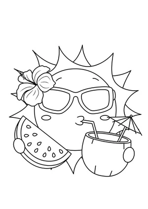Página para Colorir O sol aproveita uma refrescante melancia com água de coco